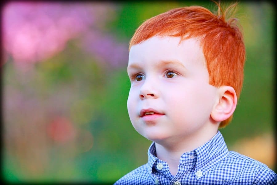 one sunday in spring... A young child with red hair gazes upward. They are wearing a blue and white checkered shirt. The background is a soft blur of green and purple hues, suggesting an outdoor setting.