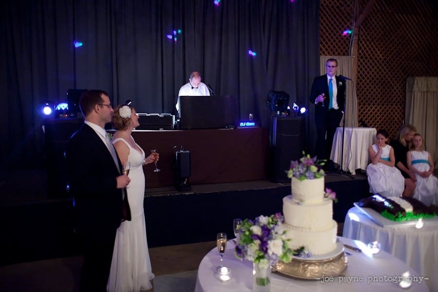 A bride and groom stand by a tiered white cake with purple and white flowers. They hold glasses and face a DJ in the background. Two bridesmaids and a groomsman stand near the stage. The venue has a draped backdrop and dim lighting.