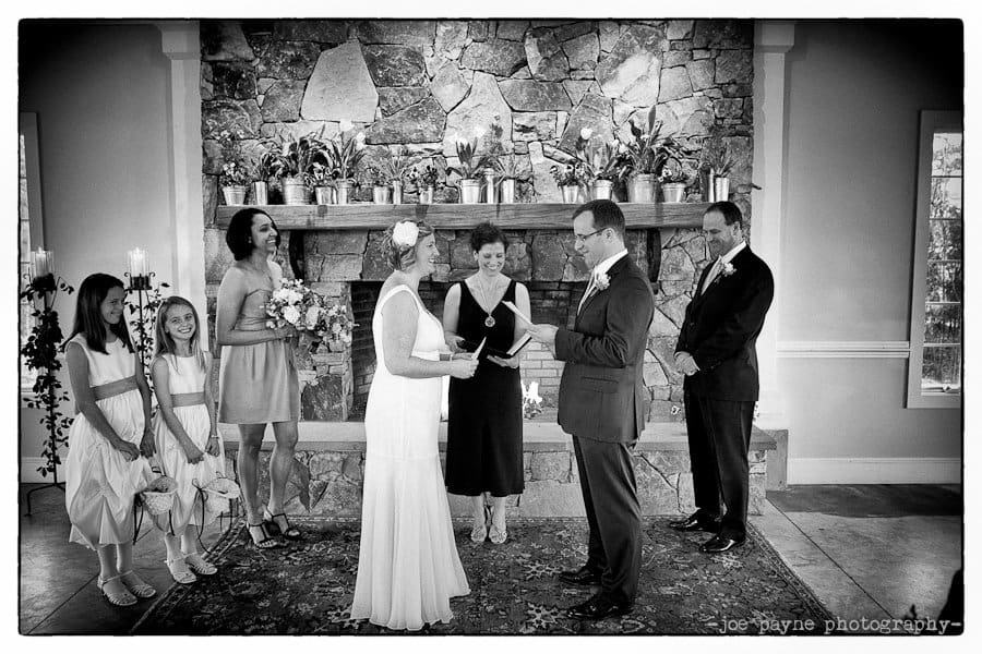 A bride and groom stand facing each other during a wedding ceremony. They are flanked by bridesmaids holding bouquets and a groomsman. A stone fireplace adorned with plants is in the background. The mood is intimate and joyful.