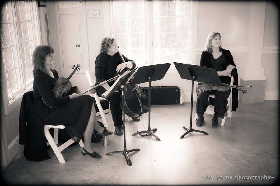 Three musicians seated in a well-lit room with large windows. Each holds a string instrument: a violin, a cello, and a viola. Music stands with sheets are placed in front of them. The atmosphere is calm and focused.