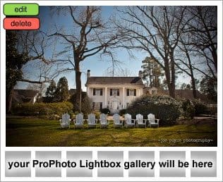A large white house with columns is surrounded by trees and shrubs. Eight white Adirondack chairs are arranged on the lawn in front—a serene scene captured by a Raleigh wedding photographer and displayed in a digital gallery interface with edit and delete buttons.