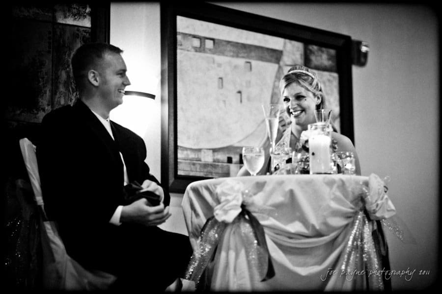 raleigh wedding photographer - jenna and ryan A couple sits at a small, elegantly decorated table, smiling at each other. The setting appears formal, with candles and drinks on the table. A large framed artwork hangs on the wall behind them.