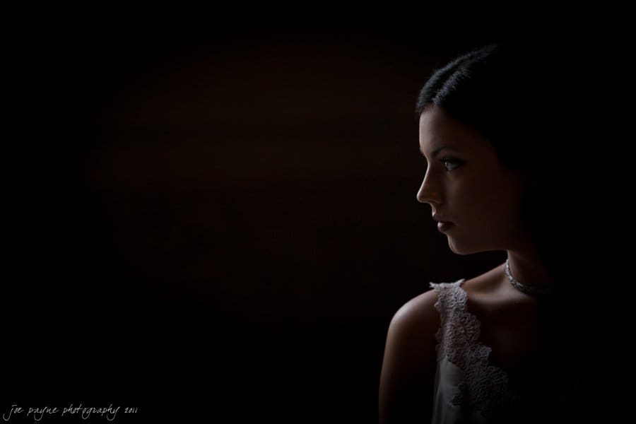 A woman in a white lace dress is shown in profile, softly lit against a dark background—her features highlighted as she gazes thoughtfully to the right, reminiscent of a Raleigh wedding photographer’s signature style.