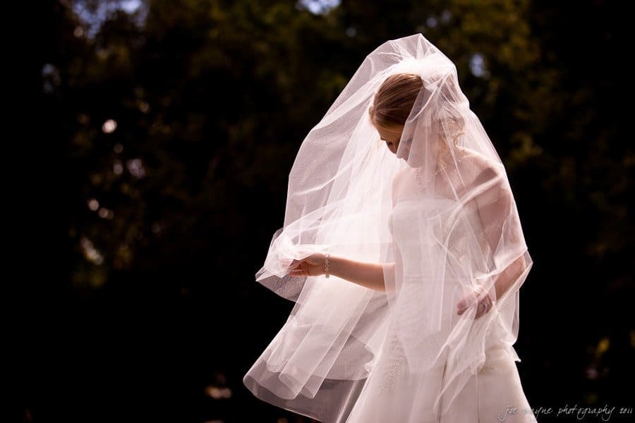 A bride, wearing a white dress and veil, stands outdoors against a dark background, gently holding her veil. Sunlight illuminates her figure, creating a serene and elegant atmosphere.