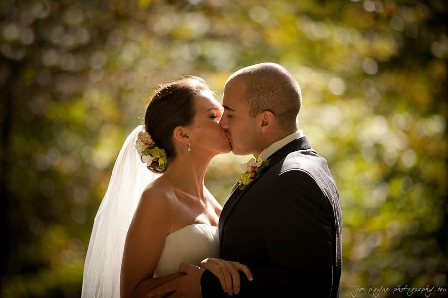 A bride and groom share a kiss outdoors in soft, golden sunlight. The bride wears a strapless dress and veil with flowers in her hair. The groom is in a suit with a boutonniere. The background is a blurred, lush forest setting.