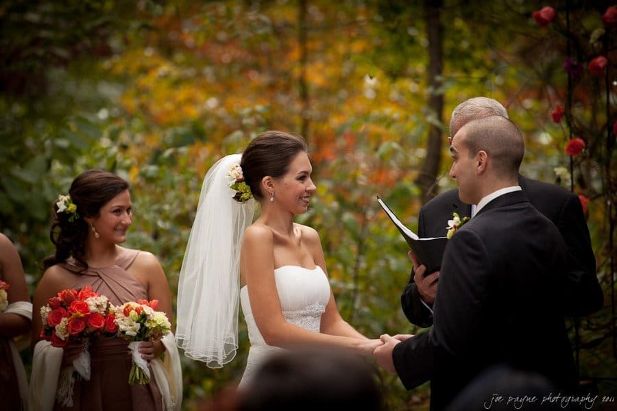 A bride and groom stand holding hands, smiling at each other during an outdoor wedding ceremony. The bride wears a white gown and veil, and the groom is in a dark suit. Bridesmaids hold bouquets in the background, and greenery surrounds them.