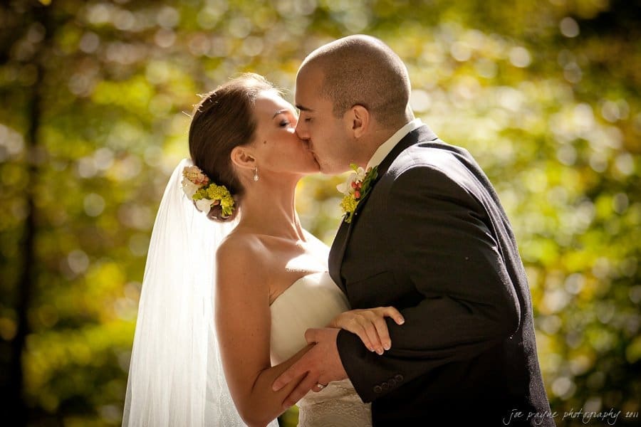 A bride and groom share a kiss outdoors. The bride is wearing a strapless white dress and veil with floral accents in her hair. The groom is in a dark suit with a boutonniere. They are surrounded by a sunlit, leafy background.