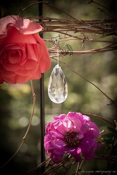 A crystal teardrop hangs between a pink rose and a magenta flower, surrounded by brown twigs. The sunlight catches the crystal, creating a shimmering effect. The background is softly blurred green foliage.