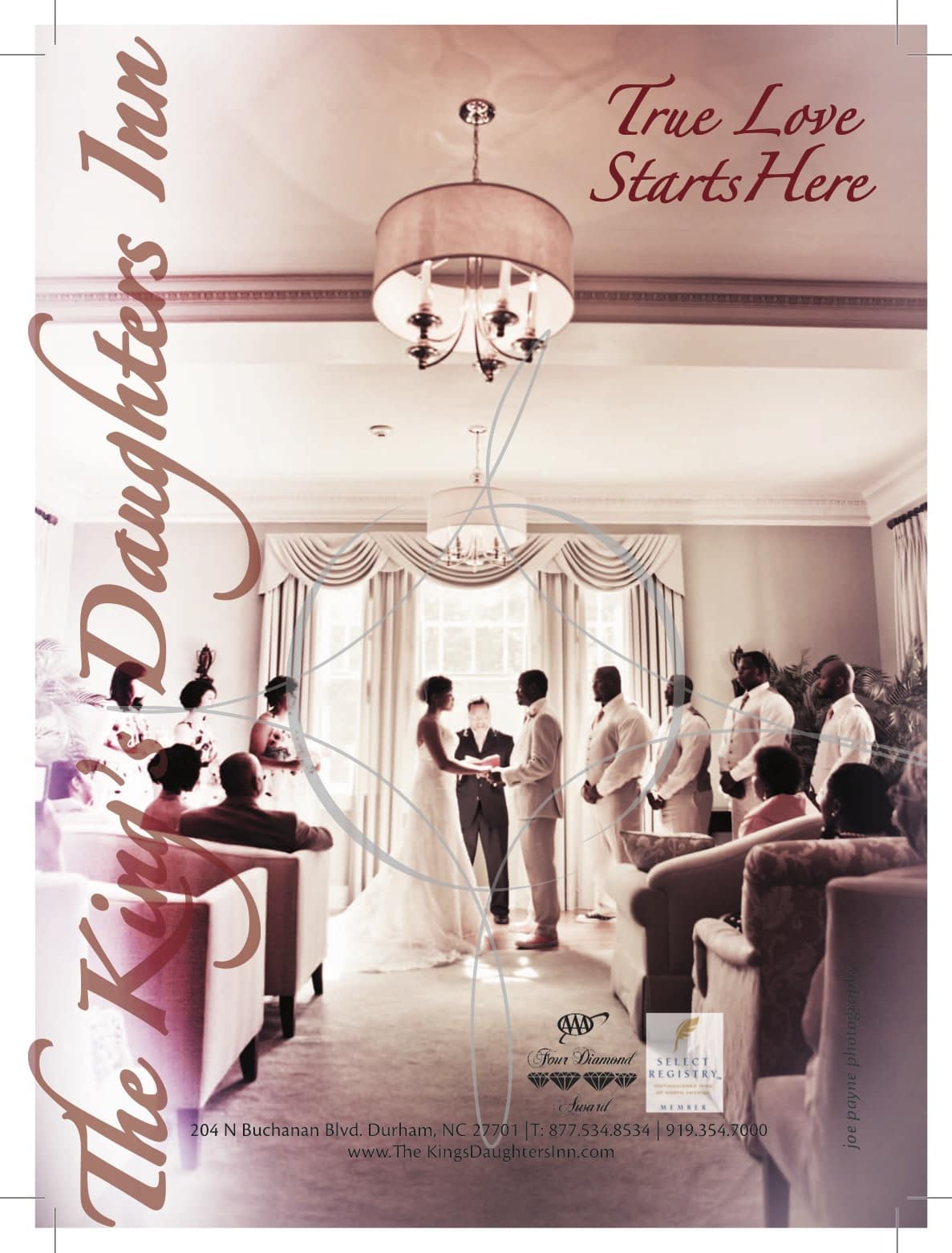 A wedding ceremony takes place in an elegant room with chandeliers and large windows. The officiant and couple stand facing each other, surrounded by guests. Text overlay reads The Kings Daughters Inn and True Love Starts Here.
