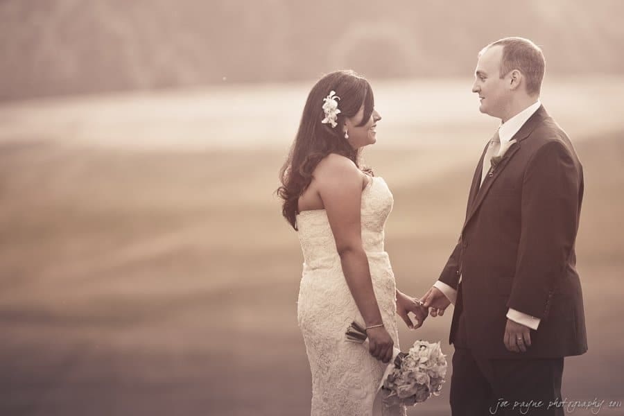 A bride and groom stand outdoors, holding hands and looking at each other. The bride wears a lace gown with flowers in her hair and holds a bouquet. The groom is in a suit and tie. The background is softly blurred, giving a serene, romantic ambiance.