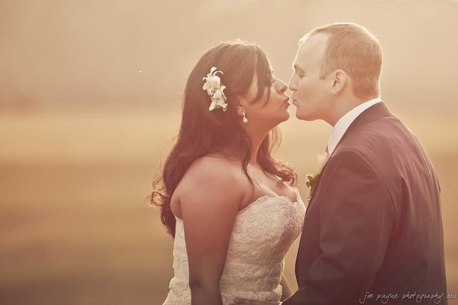 A bride and groom share a kiss outdoors in soft, golden lighting. The bride wears a strapless white dress with flowers in her hair, while the groom is in a dark suit and tie. The background is a blurred, sunlit field.