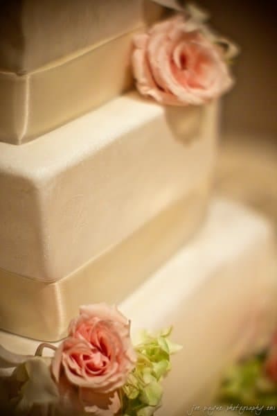 A close-up of a multi-tiered white wedding cake with smooth icing. Decorated with soft pink roses, the cake exudes elegance and romance. Pale green leaves add contrast at the bottom.