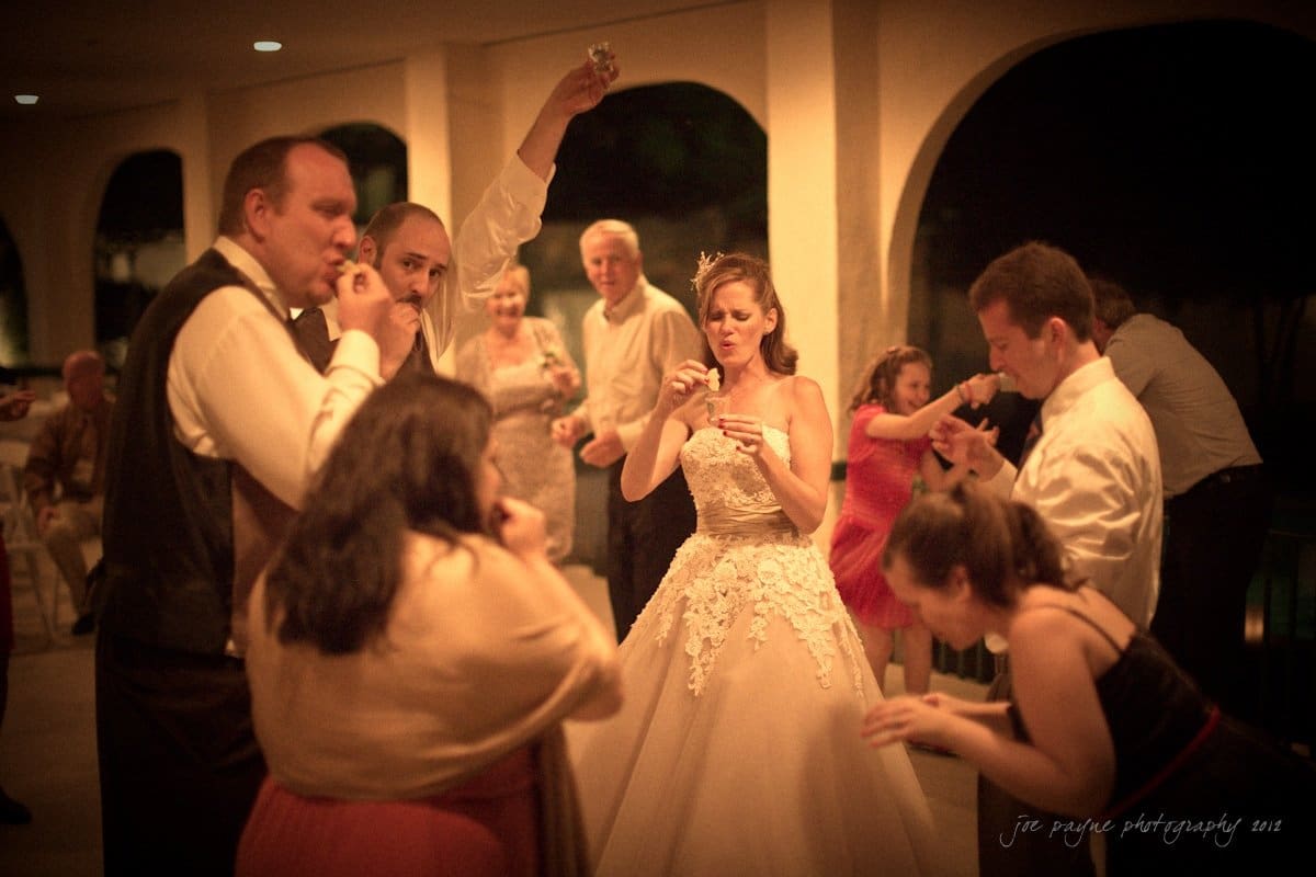 lake lure north carolina wedding photography ~ shannon and paul A bride and guests, dressed in formal attire, are on a dance floor engaged in lively conversation and toasting. The warm, dim lighting suggests an intimate and joyful celebration. A few people in the background add to the festive atmosphere.
