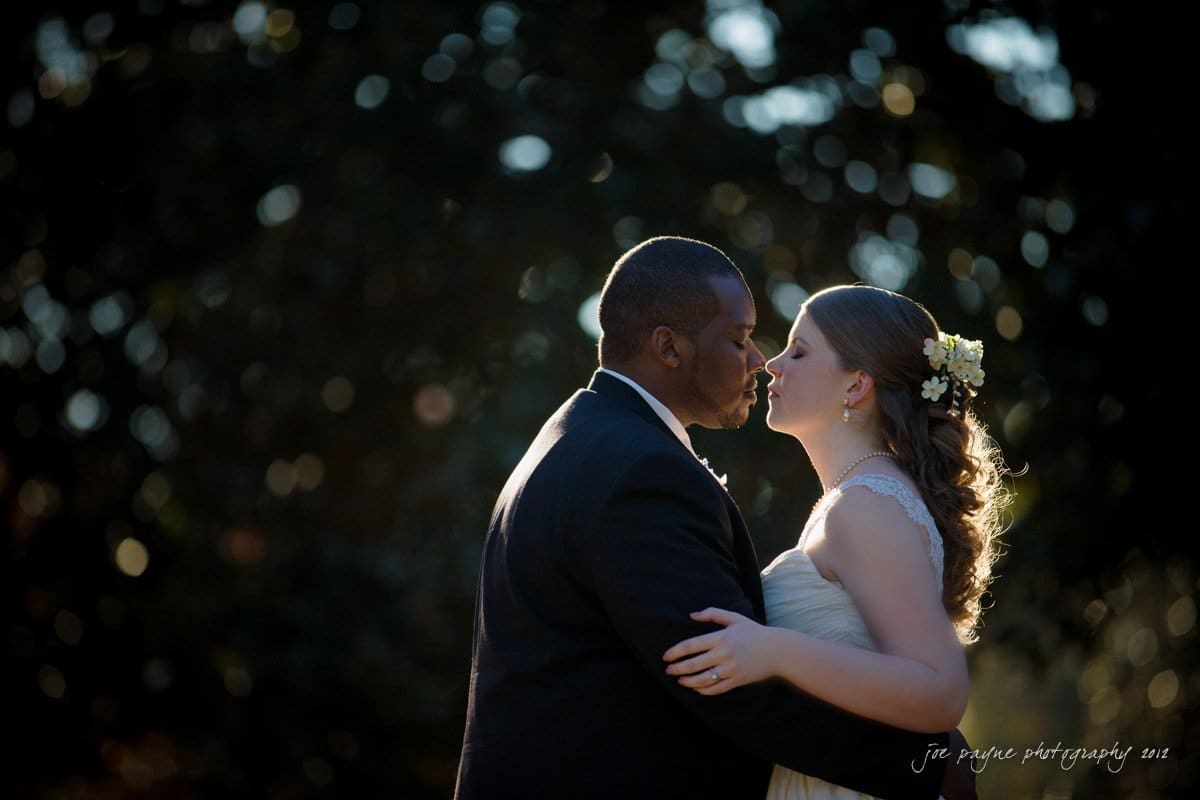 A couple dressed in wedding attire is about to kiss. The groom is in a black suit, and the bride is in a white gown with flowers in her hair. The background is a softly blurred, sunlit garden setting.