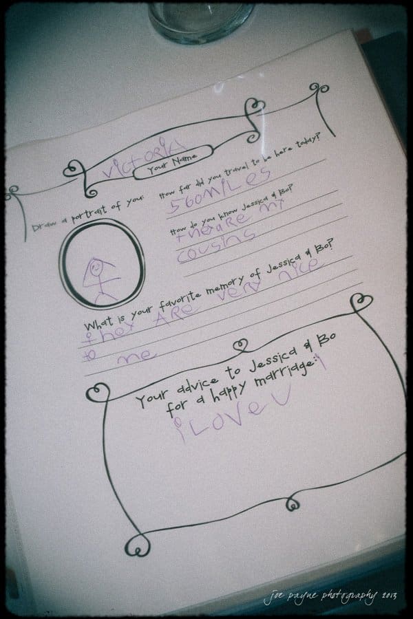 A page from a wedding advice book with handwritten entries. It includes a childs drawing, notes about distance, and a message advising the couple to play. Decorative borders frame each section.