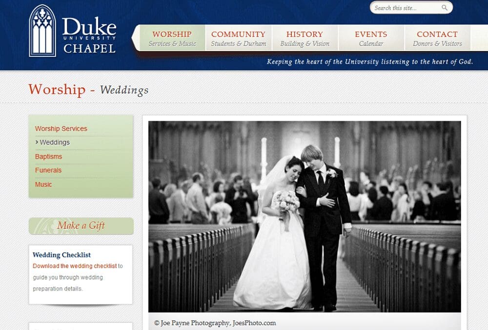 A bride and groom walk arm-in-arm down the aisle inside Duke Chapel, smiling at each other, with guests seated on either side. The image captures the magic of Duke Chapel weddings for a webpage about celebrating your special day here.