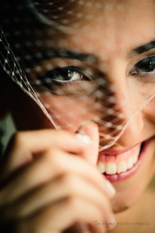 Close-up of a smiling woman holding a veil partly over her face. Only her eyes, nose, and mouth are visible. The veil creates a soft pattern across her face, and she appears joyful.