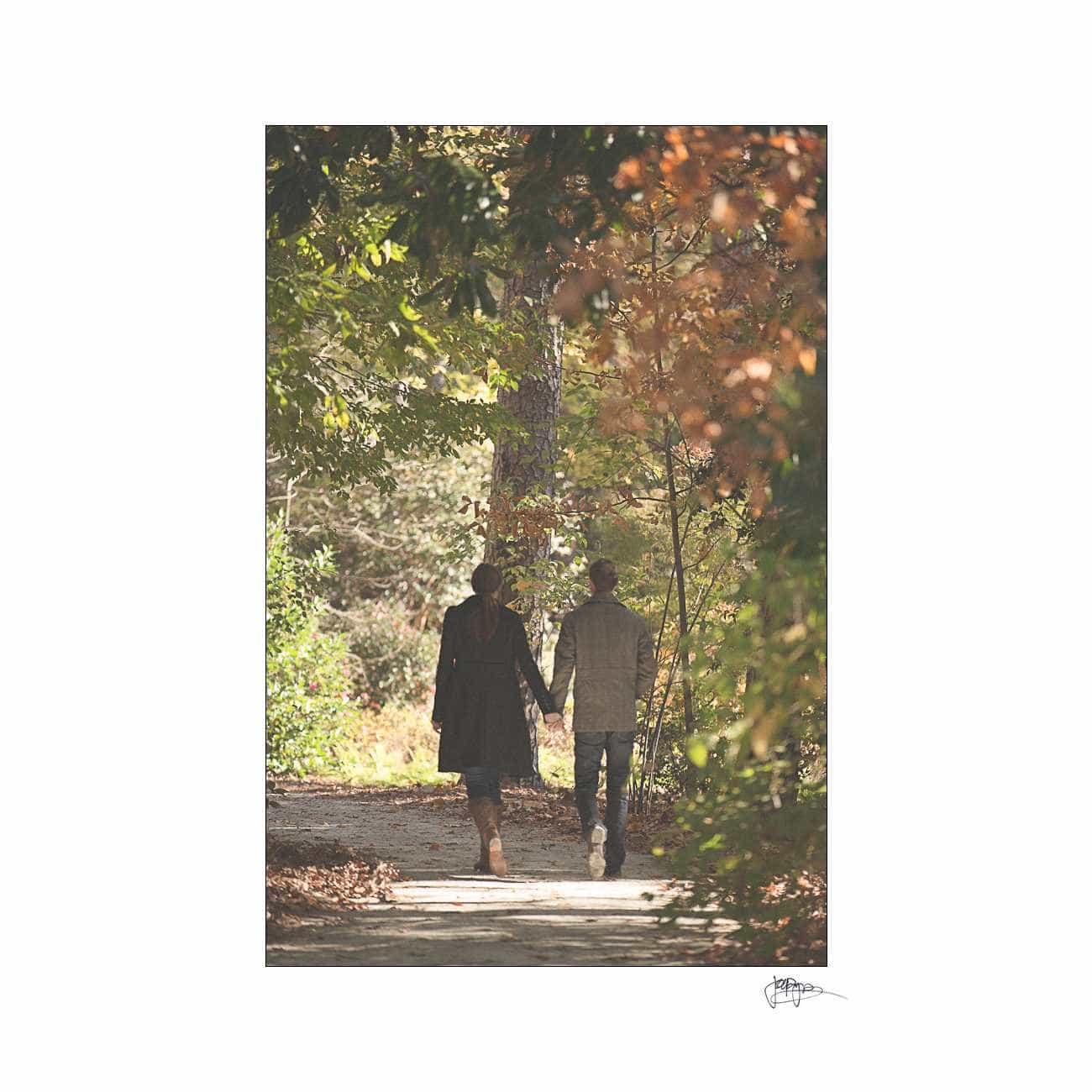 duke chapel engagement photography ~ brianna and chris A couple holding hands walks down a sunlit path in a forest. They are surrounded by trees with green and autumn-colored leaves. The scene conveys a peaceful and intimate moment.