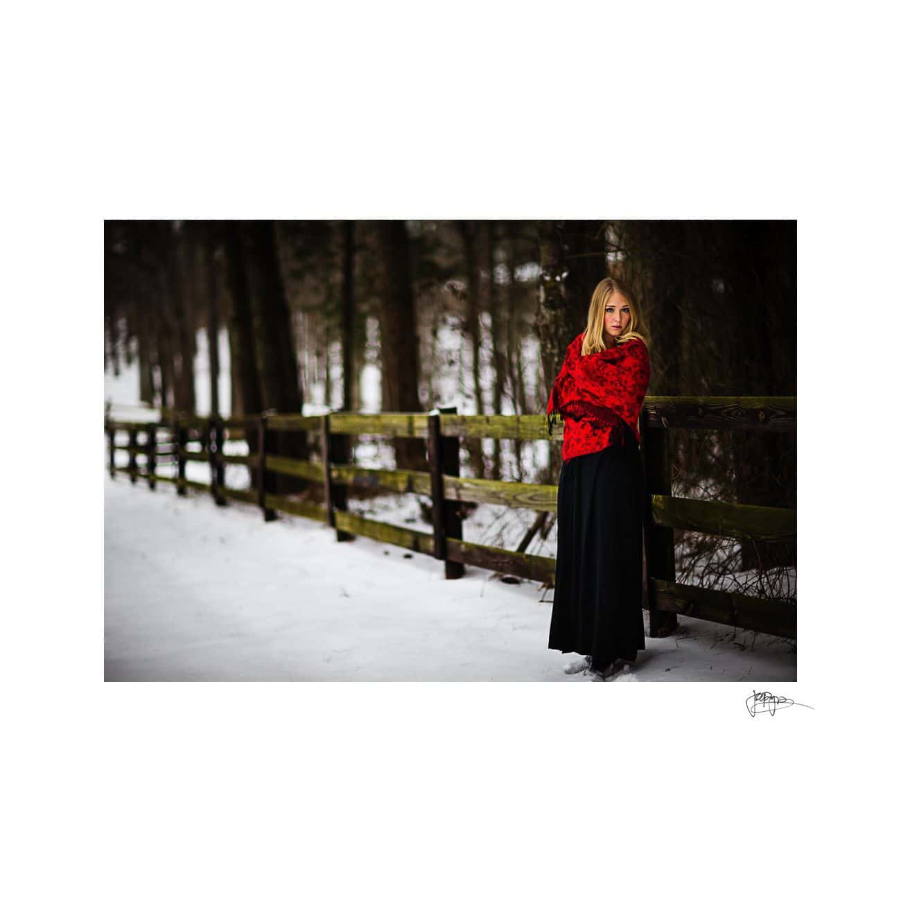 A woman in a red coat and long black skirt stands by a wooden fence in a snowy forest. The background is filled with tall trees, creating a serene winter atmosphere.