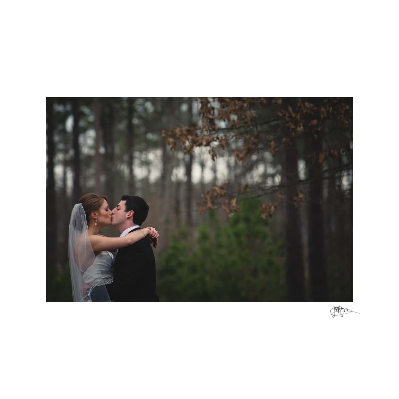 A bride and groom share a kiss in a forest setting. The bride wears a white dress and veil, while the groom is in a black suit. They are surrounded by tall trees, and the atmosphere is serene.