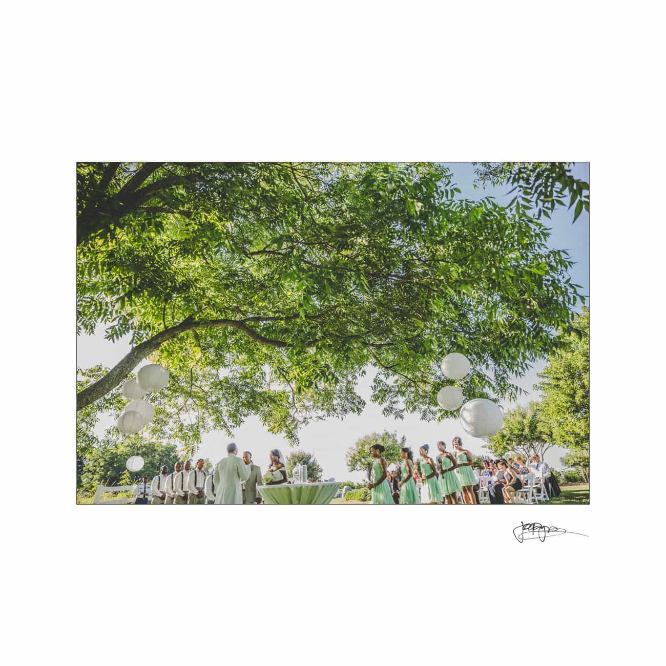 A wedding ceremony outdoors under a large tree with hanging lanterns. The bride and groom stand at the altar, surrounded by the bridal party in pastel attire. Guests are seated on white chairs on a sunny day.