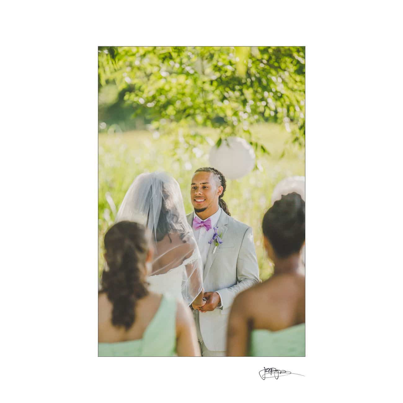A bride and groom stand facing each other during an outdoor wedding ceremony. The groom is wearing a light gray suit with a purple bow tie, and the bride is in a white gown with a veil. Bridesmaids in pastel green dresses stand nearby. Lush greenery surrounds them.