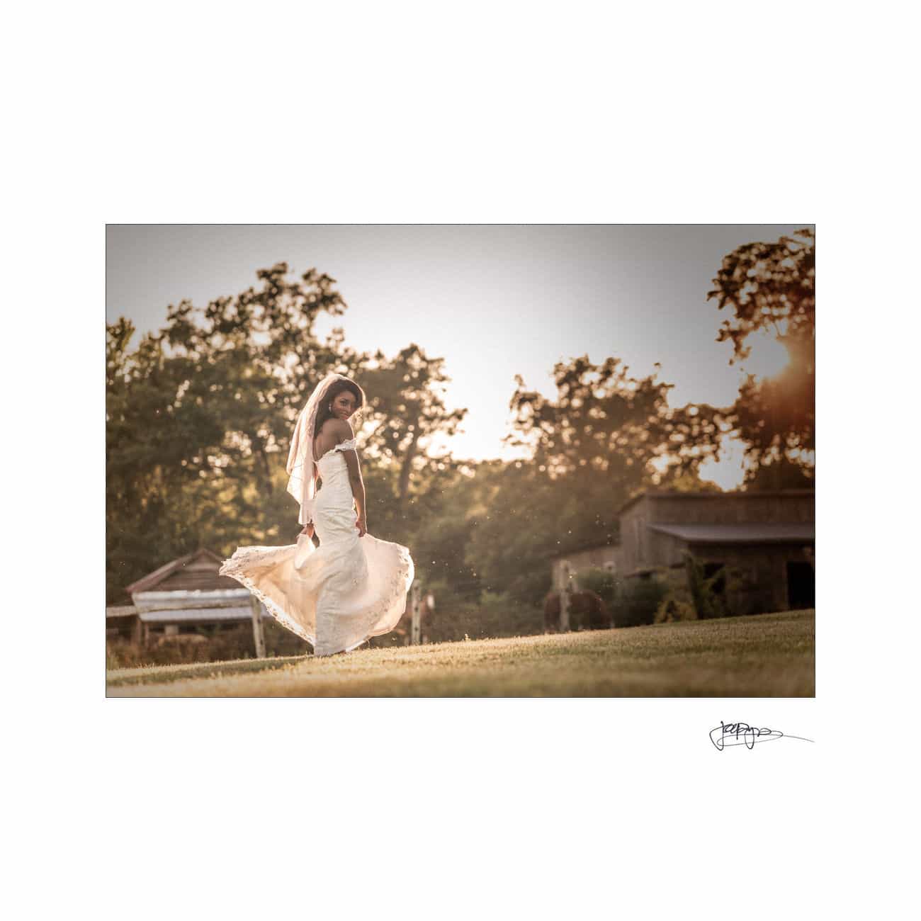 A bride in a flowing white dress and veil walks gracefully on a grassy field at sunset. Trees and a rustic building are in the background, with warm sunlight filtering through the scene.