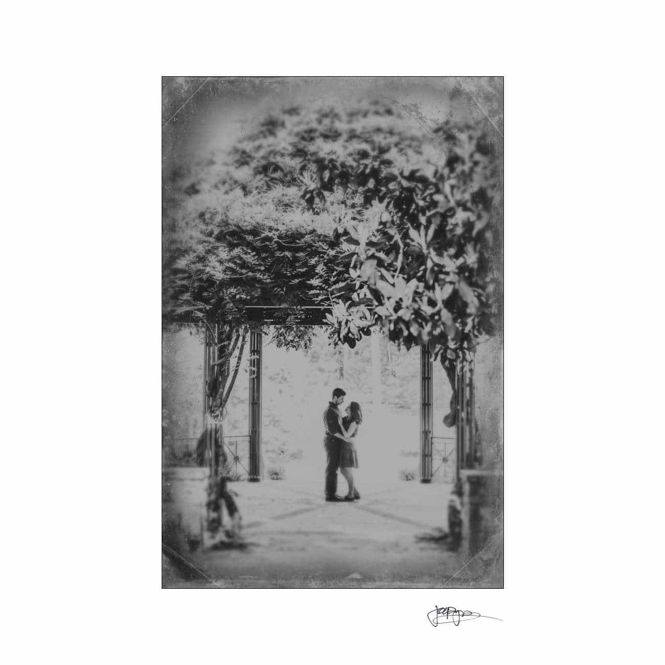 A black and white photo of a couple embracing under an archway, framed by trees and foliage. The image has a vintage, faded appearance with a blurred background, creating an intimate and nostalgic atmosphere.