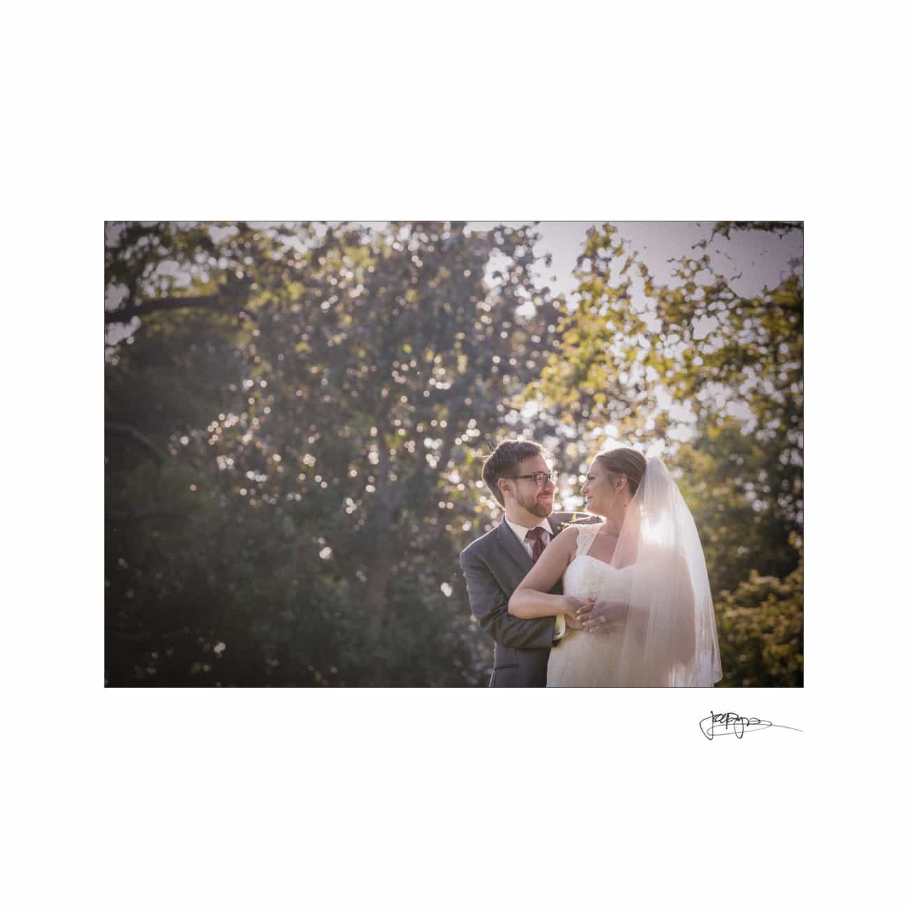 Bride and groom stand in a sunlit garden, gazing at each other lovingly. The bride wears a veil and white dress, while the groom is in a gray suit and red tie. Lush greenery forms the background.