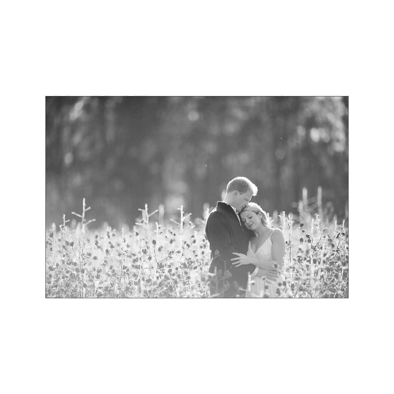 A couple stands lovingly in a field, surrounded by tall grasses. The woman rests her head on the mans chest, creating an intimate and serene moment. The image is in black and white, and the background is softly blurred.
