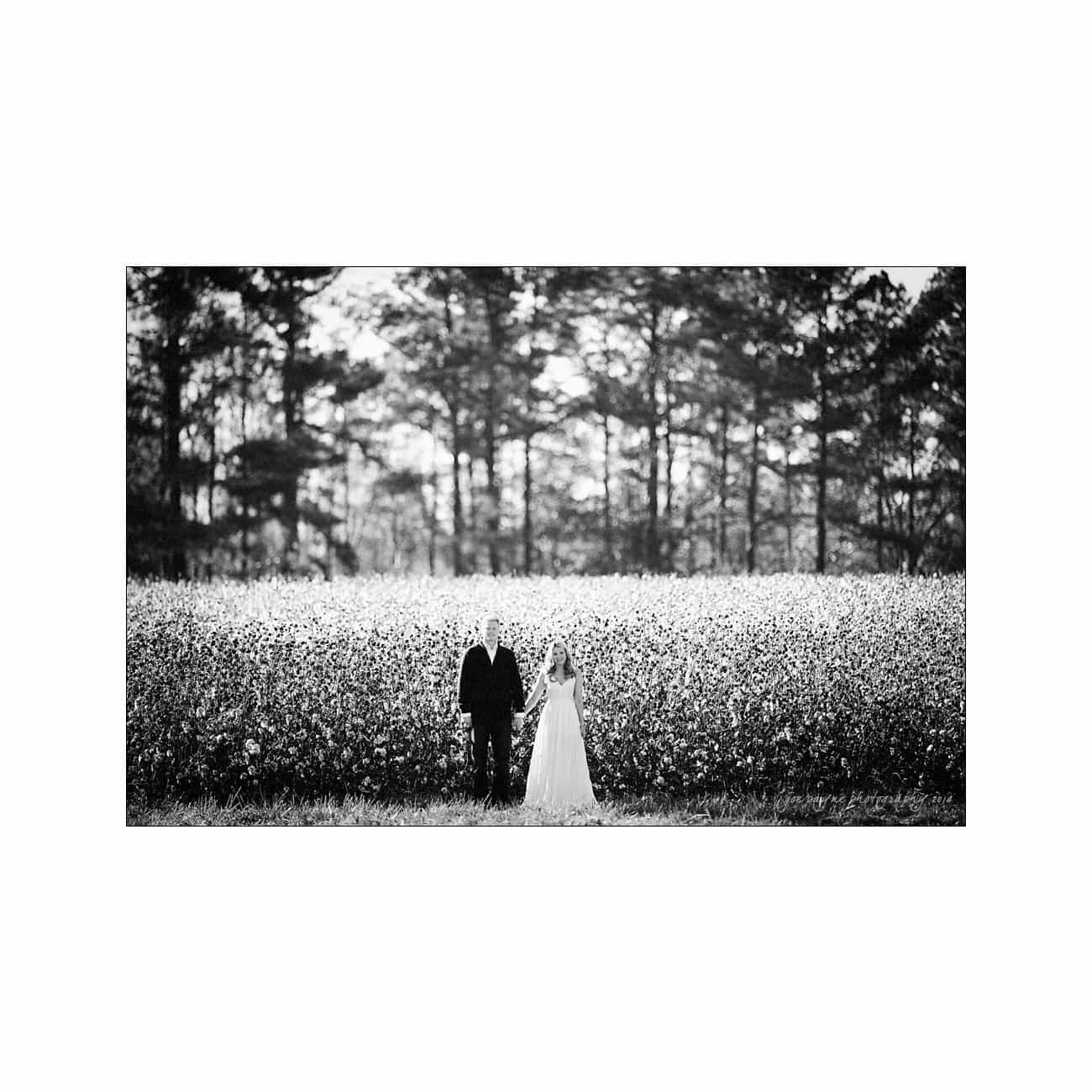 A black-and-white photo of a couple standing in front of a field, surrounded by tall grass and trees in the background. The man wears a suit, and the woman wears a flowing white dress, evoking a serene and romantic atmosphere.