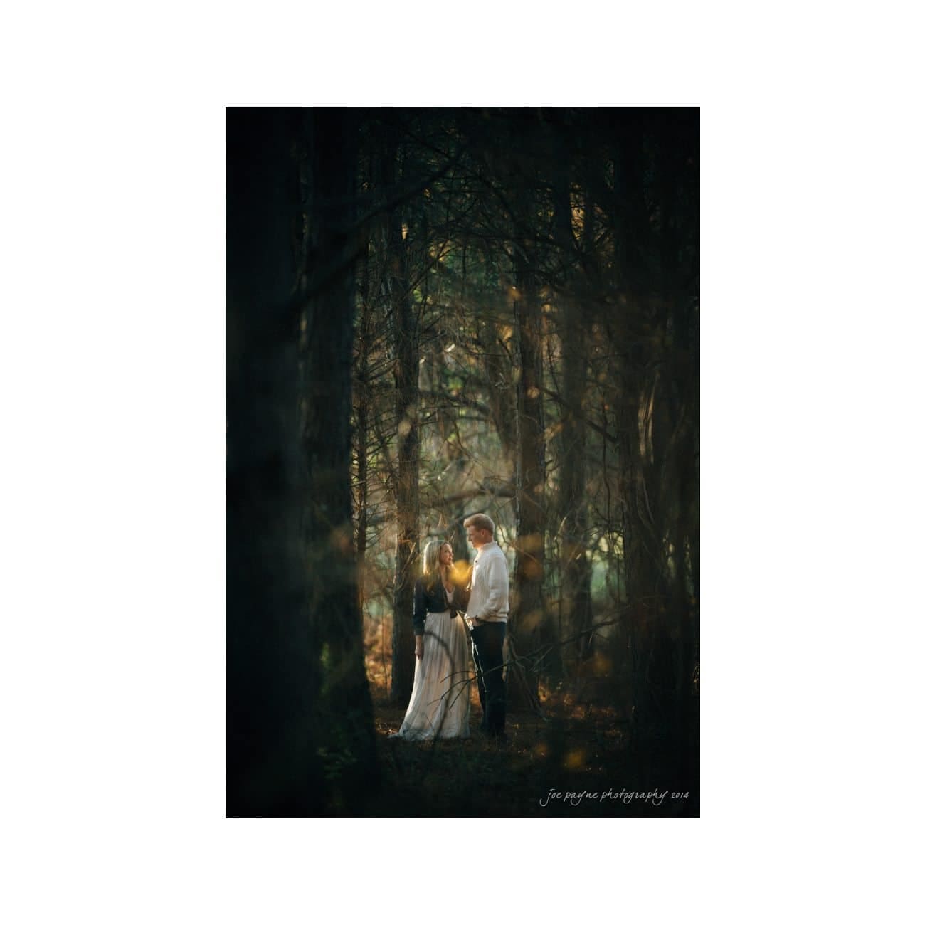 A bride and groom stand outdoors in a forest, holding hands. Sunlight filters through the trees, creating a serene and romantic atmosphere. Both are dressed in classic wedding attire.