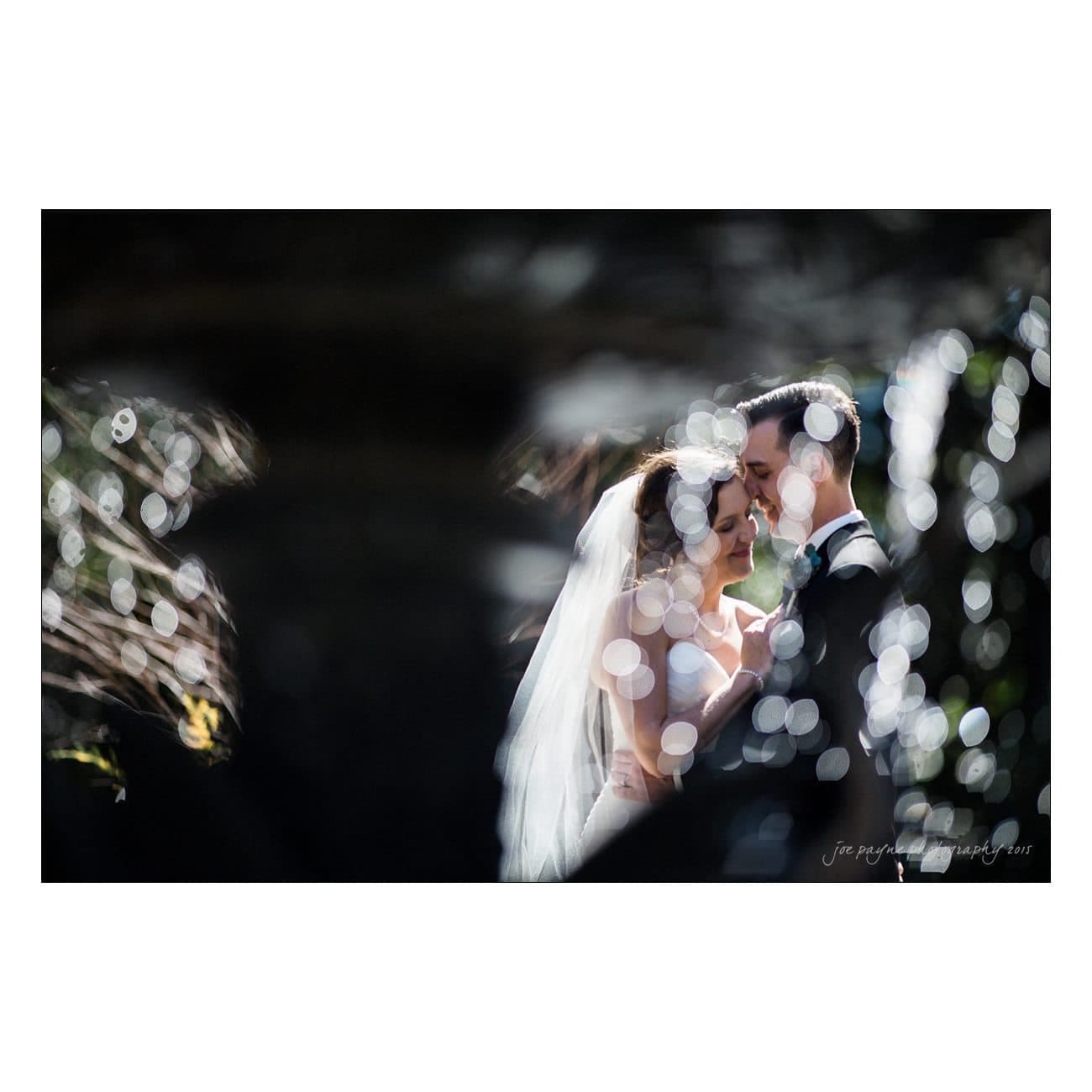 A bride and groom share an intimate moment, facing each other closely. The bride wears a veil and a white dress, while the groom is in a black suit. The image has a bokeh effect with soft, circular lights surrounding them.