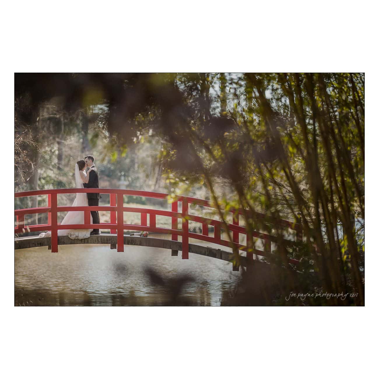A couple embraces on a red arched bridge over a serene pond, surrounded by blurred greenery. The light creates a soft, romantic atmosphere.