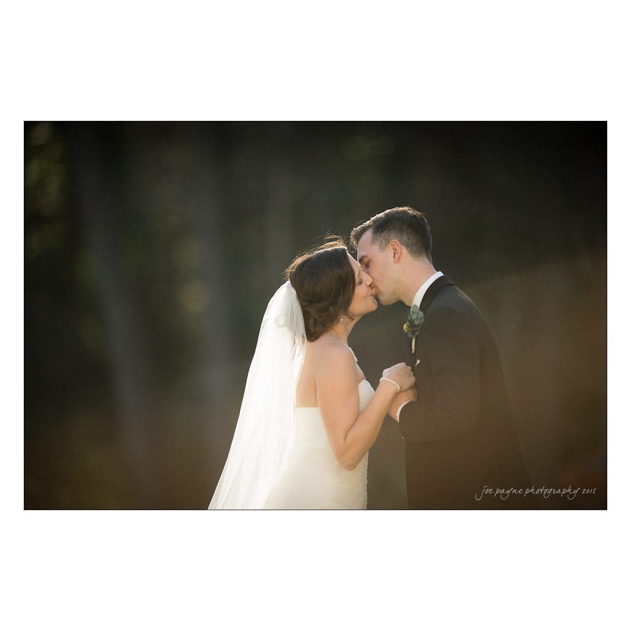 A bride and groom share a kiss while holding hands outdoors. The bride wears a strapless dress and veil, and the groom is in a black suit with a boutonniere. The background is softly blurred.