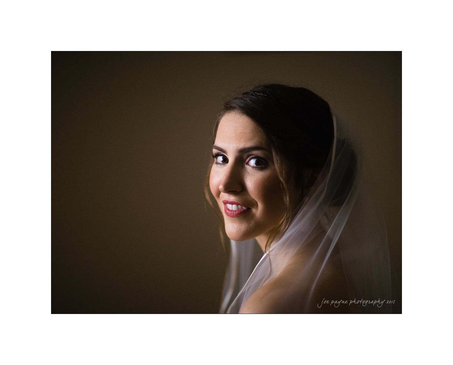 NC wedding photography - rachel & joe A bride in a white veil smiles softly, captured in a dimly lit setting. The background is dark, highlighting her face and expression.