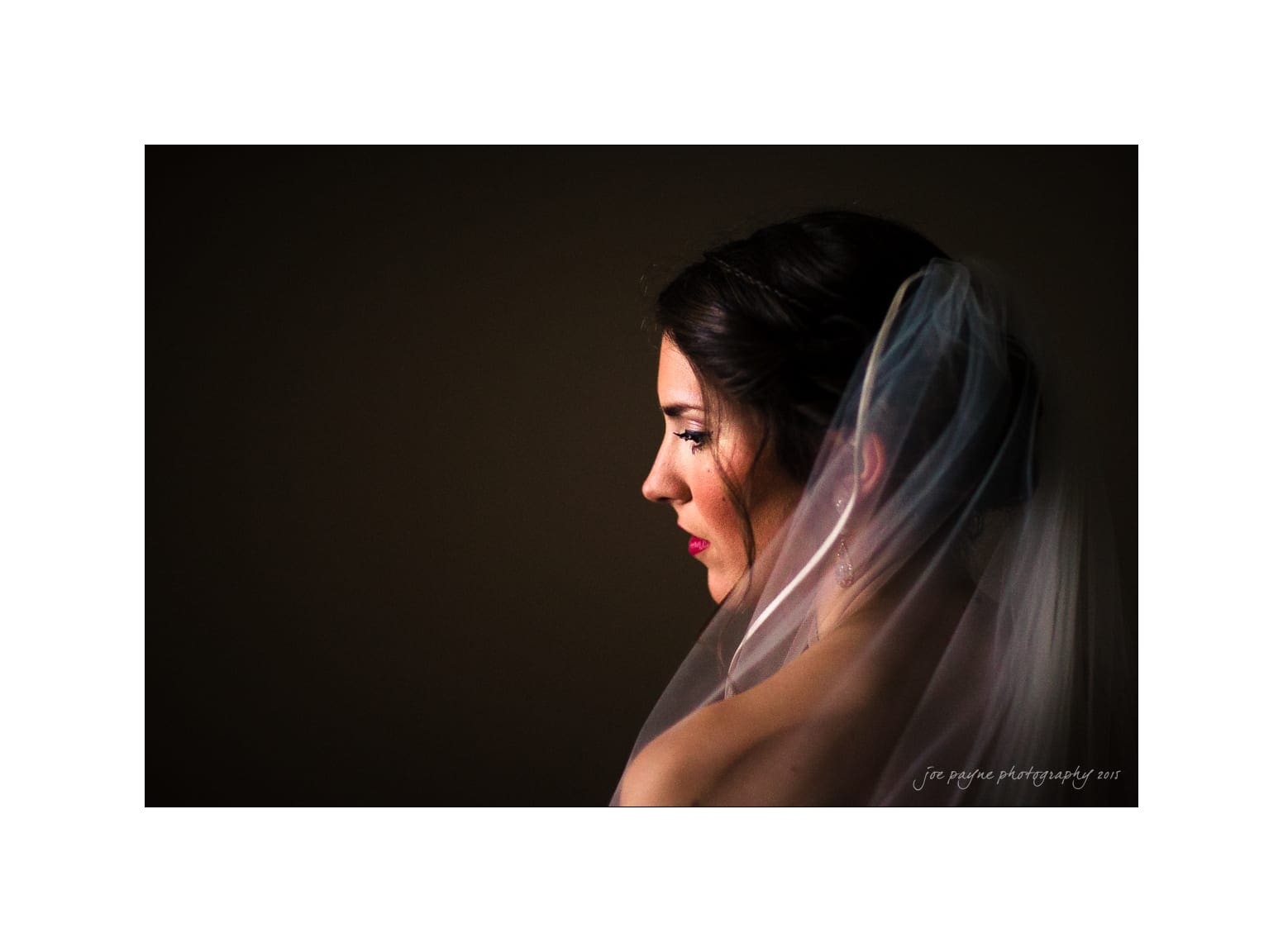 NC wedding photography - rachel & joe A bride in profile, wearing a white veil, against a dark background. Her hair is styled elegantly, and she appears calm and composed.