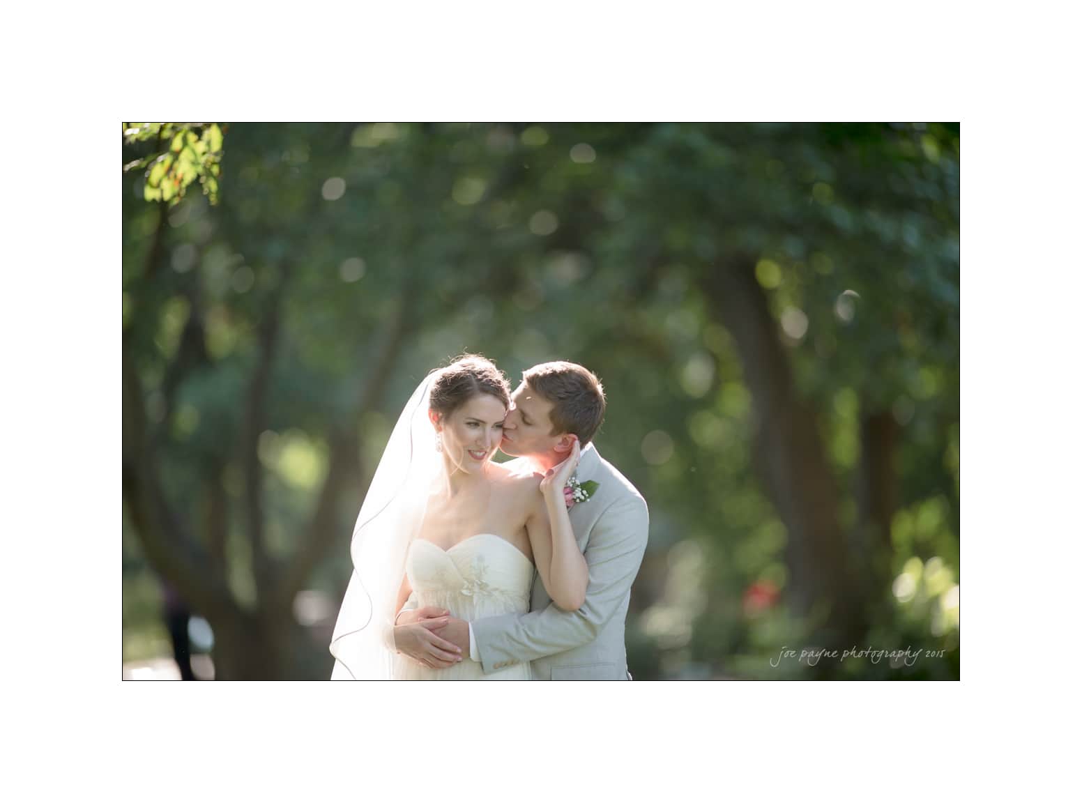 NC wedding photography - rachel & joe A bride and groom embrace lovingly under a canopy of trees. Warm sunlight filters through the leaves, creating a serene and romantic atmosphere. The bride wears a strapless gown and veil, while the groom wears a light suit.