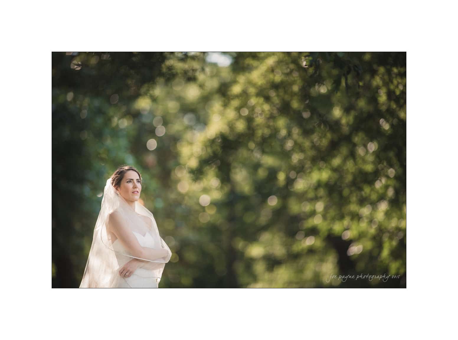NC wedding photography - rachel & joe A bride stands outdoors, her arms crossed gently. She gazes thoughtfully into the distance, wearing a white dress with a long veil. The blurred green foliage in the background creates a serene and natural setting.