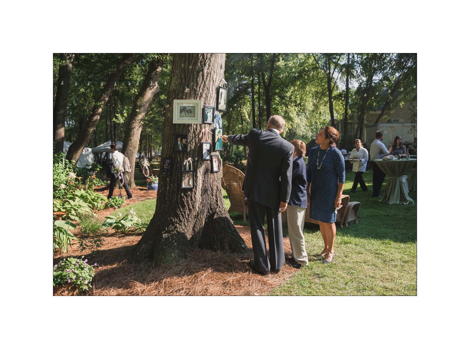 NC wedding photography - rachel & joe Three people stand near a tree outdoors, observing framed photos hanging on the trunk. They appear to be at a gathering in a garden, with greenery and tables in the background.