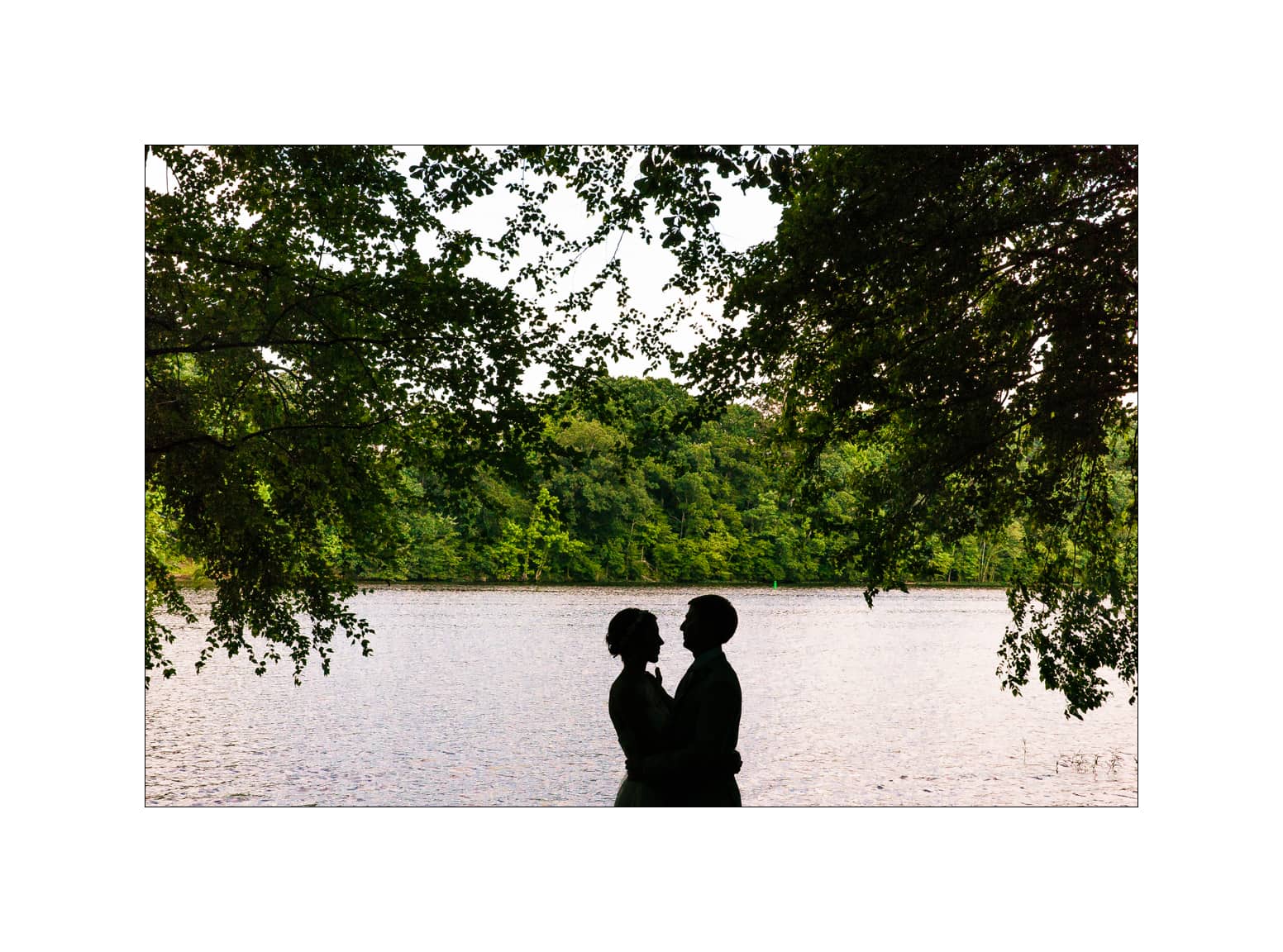 NC wedding photography - rachel & joe Silhouetted couple embracing under trees by a lakeside, with lush greenery and calm water in the background.