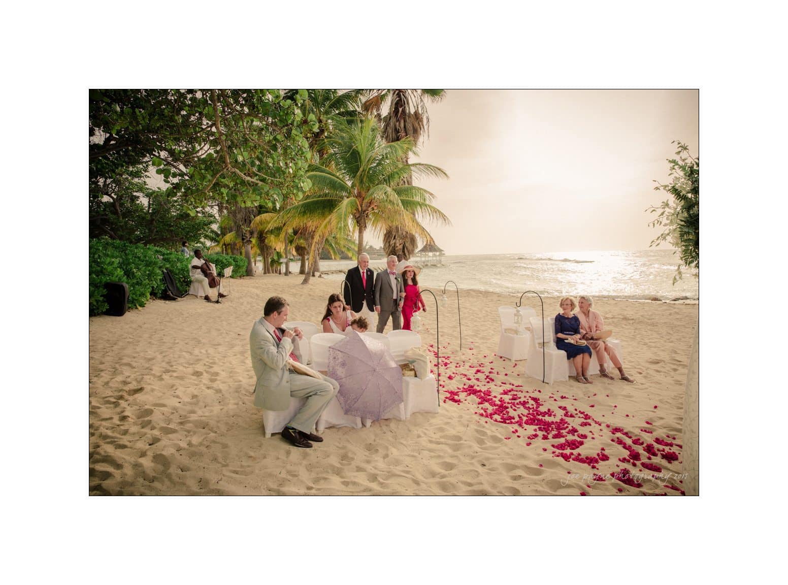 A beach wedding scene at sunset, featuring seated guests on a sandy shore with scattered rose petals. Two people exchange vows under palm trees, overlooking the ocean. A decorative canopy provides shade, and the atmosphere is serene and romantic.