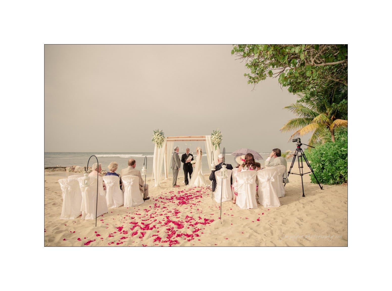 A beach wedding ceremony with an officiant under a wooden arch adorned with white fabric and flowers. Guests sit on white chairs lined with a path of red rose petals on the sand. A camera on a tripod records the event.