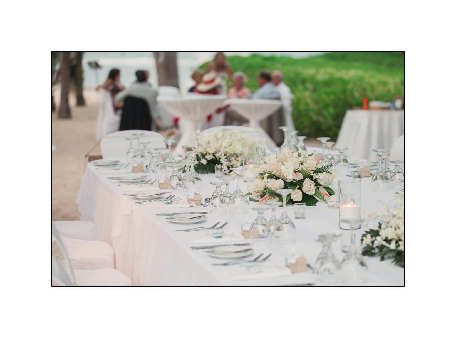 A beachside wedding reception with a long, elegantly set table adorned with white tablecloths, glassware, and floral centerpieces. In the background, guests are seated and mingling among greenery and distant trees.