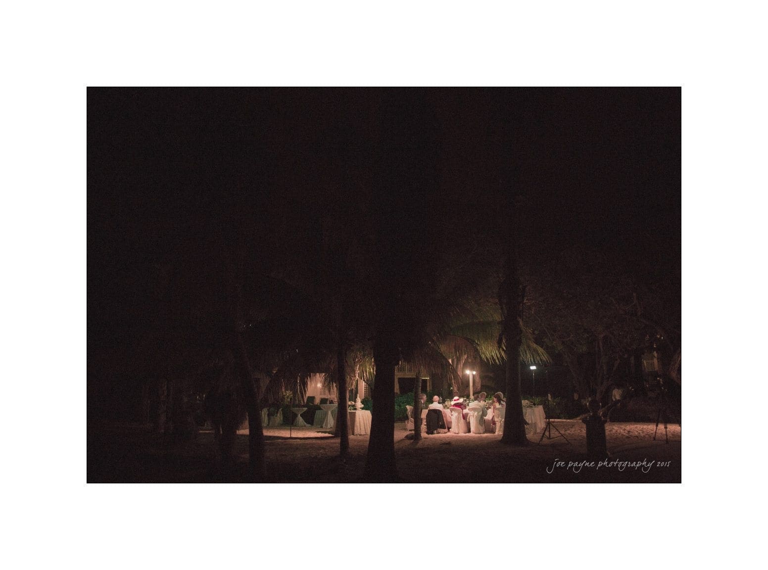 A dimly lit outdoor dinner setup under the night sky, surrounded by trees. Tables are arranged with green tablecloths, and a few people are seated, softly illuminated by warm lights.
