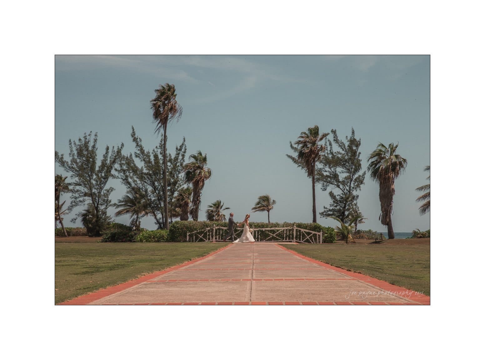 A couple in wedding attire walks down a path lined with palm trees, set against a blue sky. The path leads to a rustic wooden fence with greenery around. In the background, the ocean is visible on the horizon.