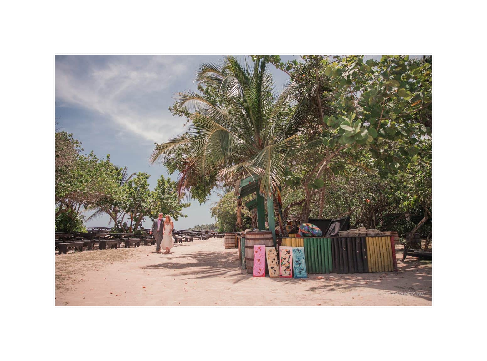 A sandy beach scene with two people walking under a clear blue sky. Surrounding them are lush green trees, colorful trash bins, and picnic tables. A large palm tree is central, adding to the tropical atmosphere.