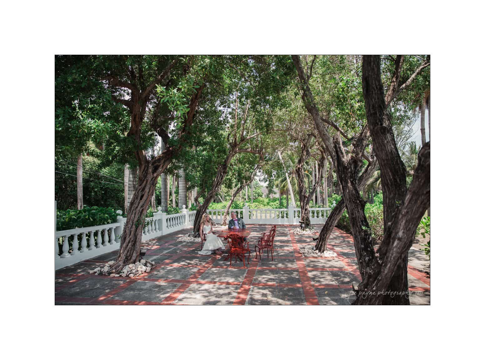 half moon montego bay wedding photography - leah & evan A group of people sits around a red table in the shade of large trees on a tiled patio. The setting is serene, with lush greenery and white railings surrounding the area, creating a cozy outdoor atmosphere.