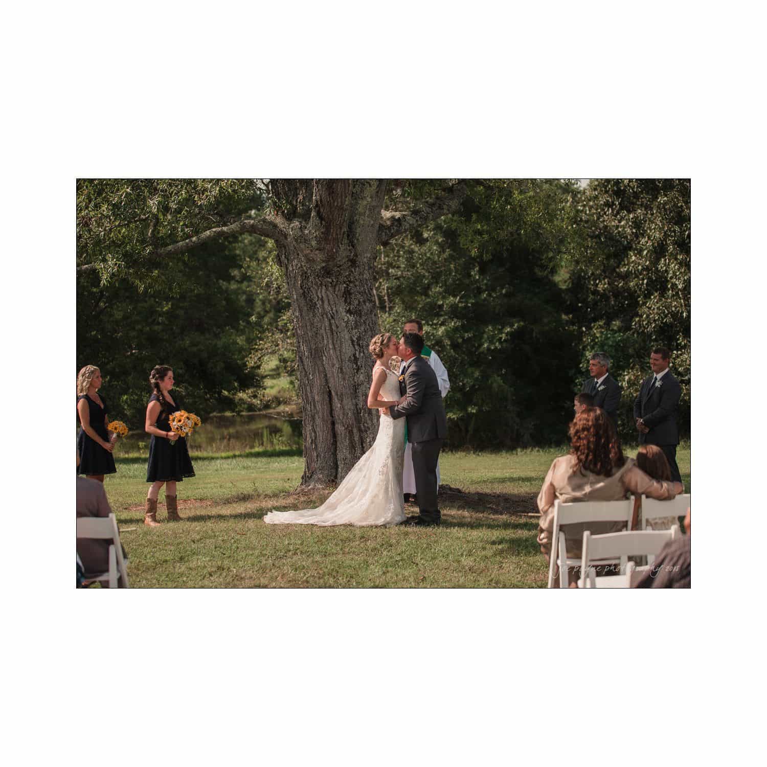 chapel hill wedding photography - nicole & wayne A couple stands under a tree exchanging vows in an outdoor wedding ceremony. The bride wears a white gown and the groom a suit. Guests are seated on white chairs, and bridesmaids in dark dresses hold yellow flowers. Lush greenery surrounds the setting.