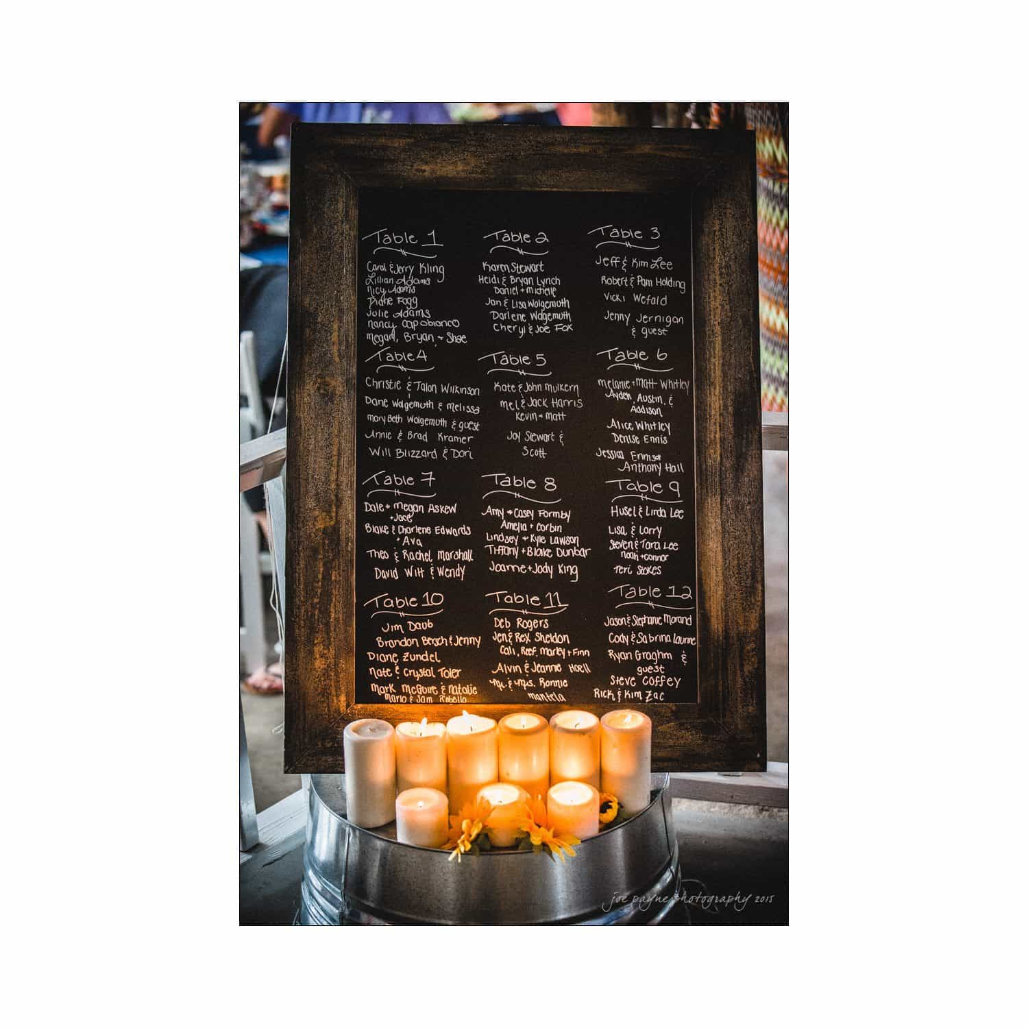 chapel hill wedding photography - nicole & wayne A decorative seating chart is framed in dark wood with handwritten names and table numbers for an event. Below the chart, a collection of lit candles is arranged, adding a warm glow to the display.